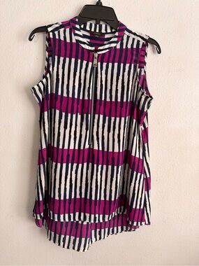 Alfani Sleeveless Striped Zip-Front Blouse in Fuchsia, Navy & White